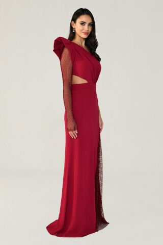 Langes Kleid mit Schlitz und transparenten Ärmeln, Weinrot – 40