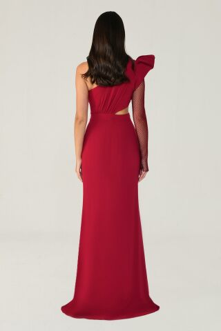 Langes Kleid mit Schlitz und transparenten Ärmeln, Weinrot – 40
