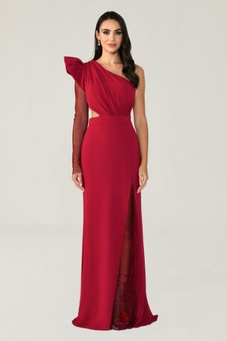 Langes Kleid mit Schlitz und transparenten Ärmeln, Weinrot – 40