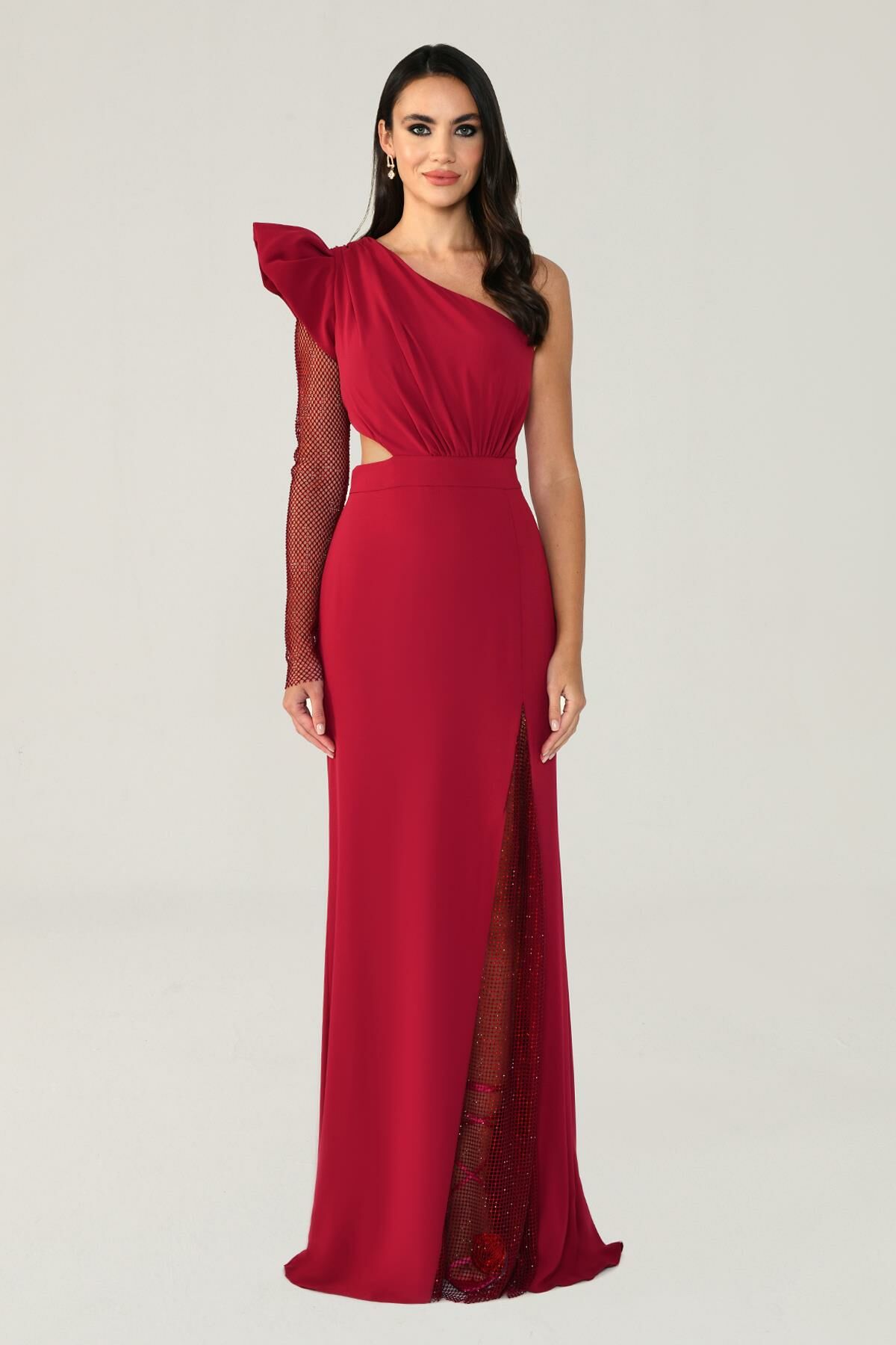 Langes Kleid mit Schlitz und transparenten Ärmeln, Weinrot – 40