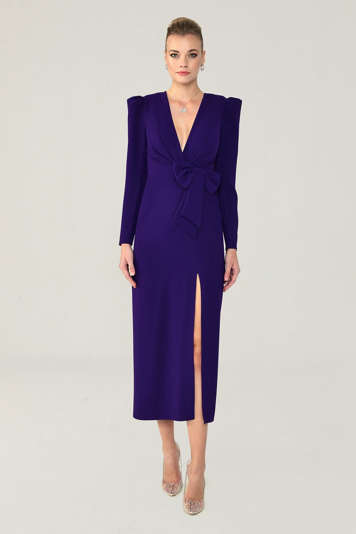 V Neck Long Sleeve Slit Long Dress Purple - 36