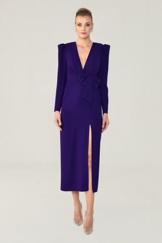 V Neck Long Sleeve Slit Long Dress Purple - 36