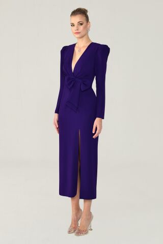 V Neck Long Sleeve Slit Long Dress Purple - 36