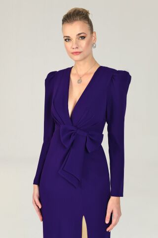 V Neck Long Sleeve Slit Long Dress Purple - 36