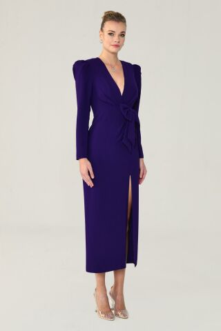 V Neck Long Sleeve Slit Long Dress Purple - 36