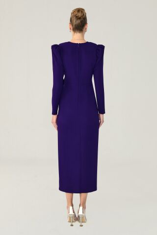 V Neck Long Sleeve Slit Long Dress Purple - 36