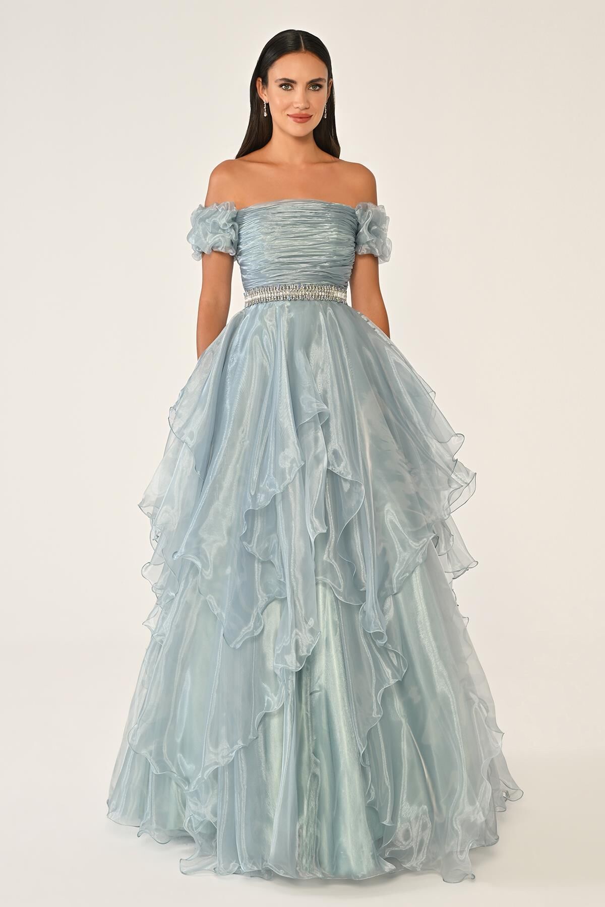 Düşük Omuz Katlı Prenses Etek Organze Uzun Elbise MİNT - 40