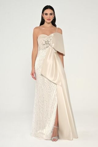 Tek Askılı Çiçek Aksesuarlı Payetli Saten Uzun Elbise EKRU - 38