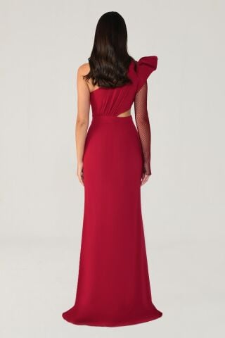 Tek Transparan Kol Yırtmaçlı Uzun Elbise Bordo - 44