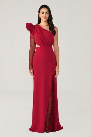 Tek Transparan Kol Yırtmaçlı Uzun Elbise Bordo - 44