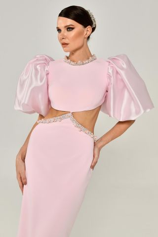 Balon Kol Bel Ve Sırt Açık Uzun Elbise Pembe - 38