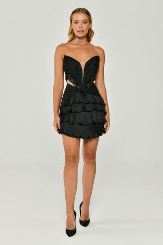 Straplez Saçak Boncuklu Piliseli Parlak Kumaş Kısa Elbise Siyah - 38