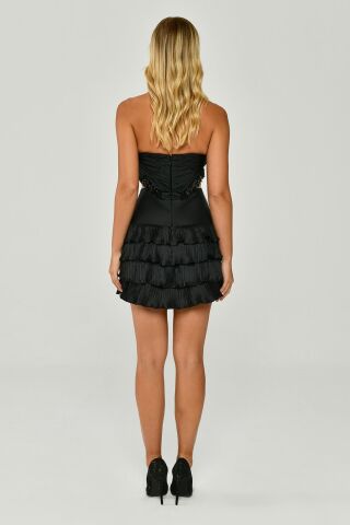 Straplez Saçak Boncuklu Piliseli Parlak Kumaş Kısa Elbise Siyah - 38