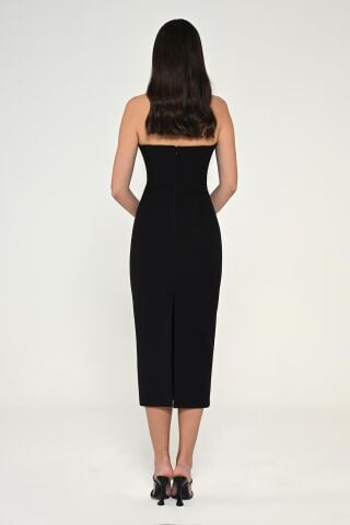 Straplez Şerit Aksesuarlı Krep Midi Elbise Siyah - 44
