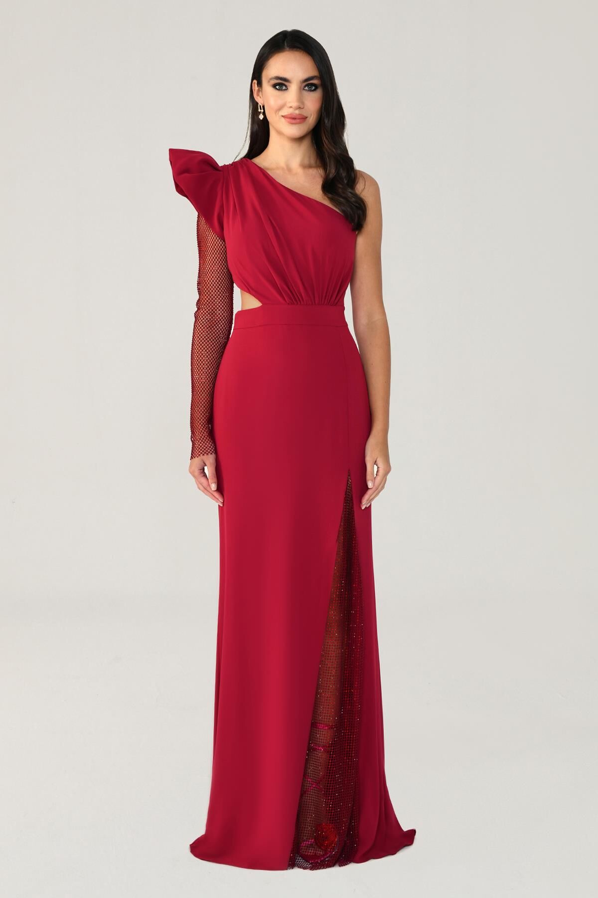 Tek Transparan Kol Yırtmaçlı Uzun Elbise Bordo - 46
