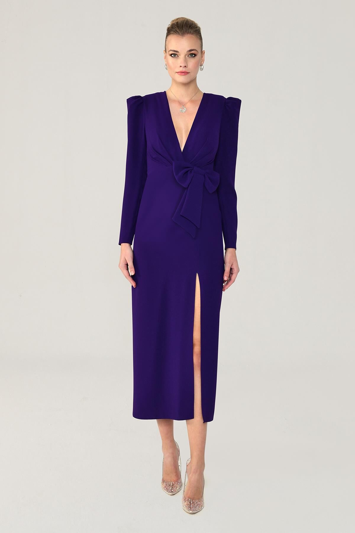 V-Ausschnitt Langarm Schlitz Langes Kleid Lila - 42