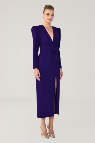 V-Ausschnitt Langarm Schlitz Langes Kleid Lila - 42