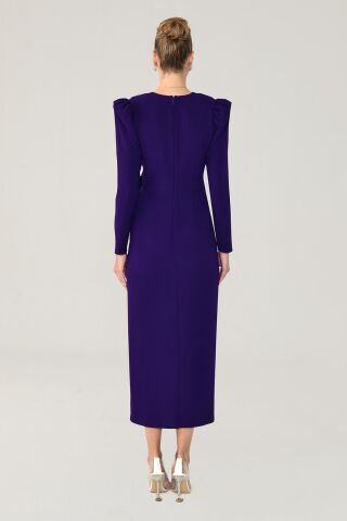 V-Ausschnitt Langarm Schlitz Langes Kleid Lila - 42