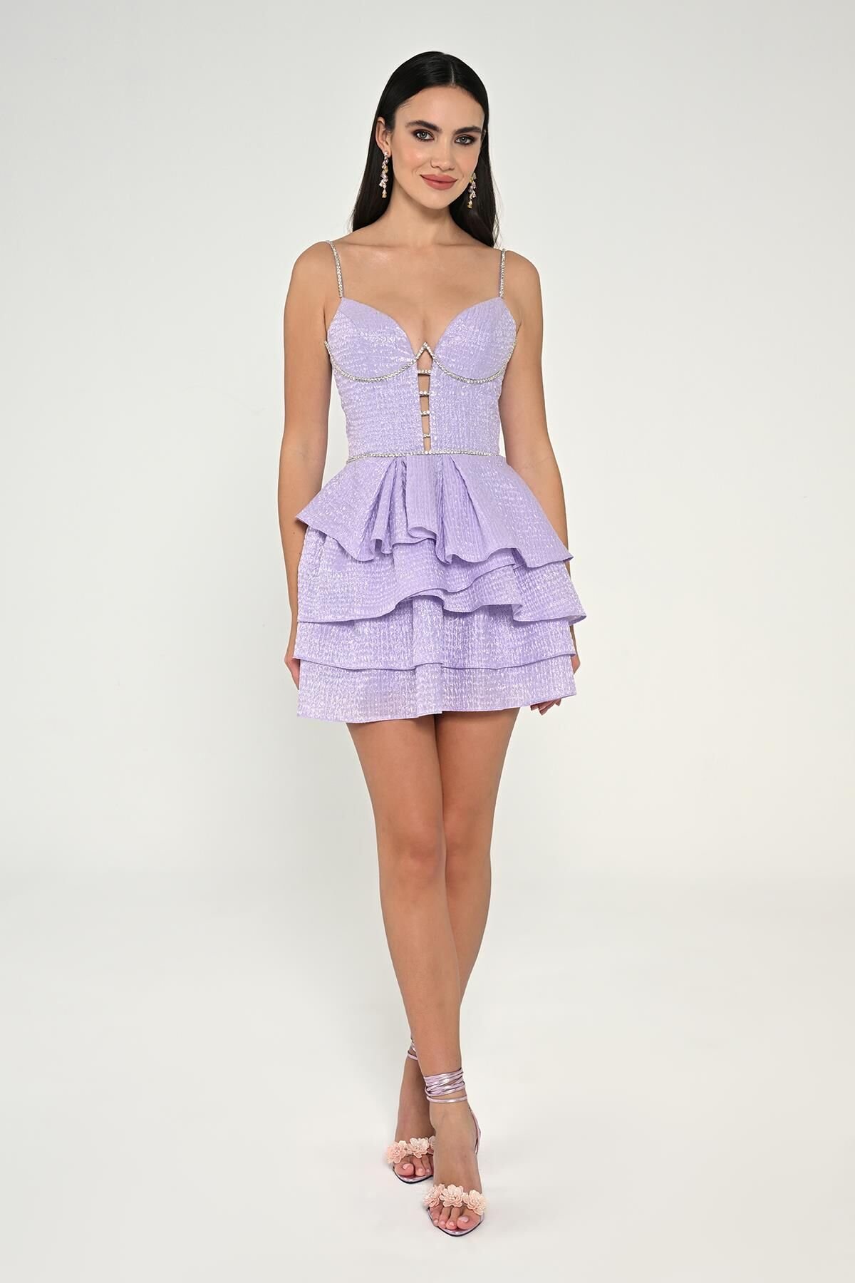 Askılı Şerit Taş Aksesuarlı Jakar Kısa Elbise Lila - 40