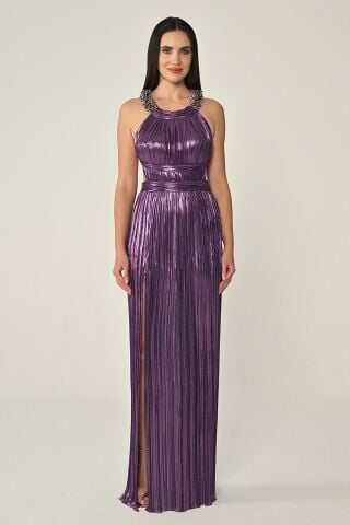 Sırt Dekolteli Parlak Şifon Uzun Elbise