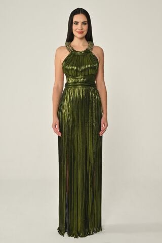 Sırt Dekolteli Parlak Şifon Uzun Elbise