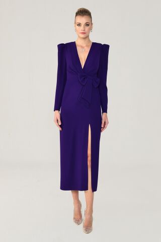 V-Ausschnitt Langarm Schlitz Langes Kleid Lila - 44