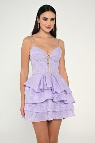 Askılı Şerit Taş Aksesuarlı Jakar Kısa Elbise Lila - 42