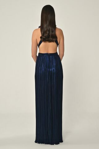 Sırt Dekolteli Parlak Şifon Uzun Elbise Lacivert - 38