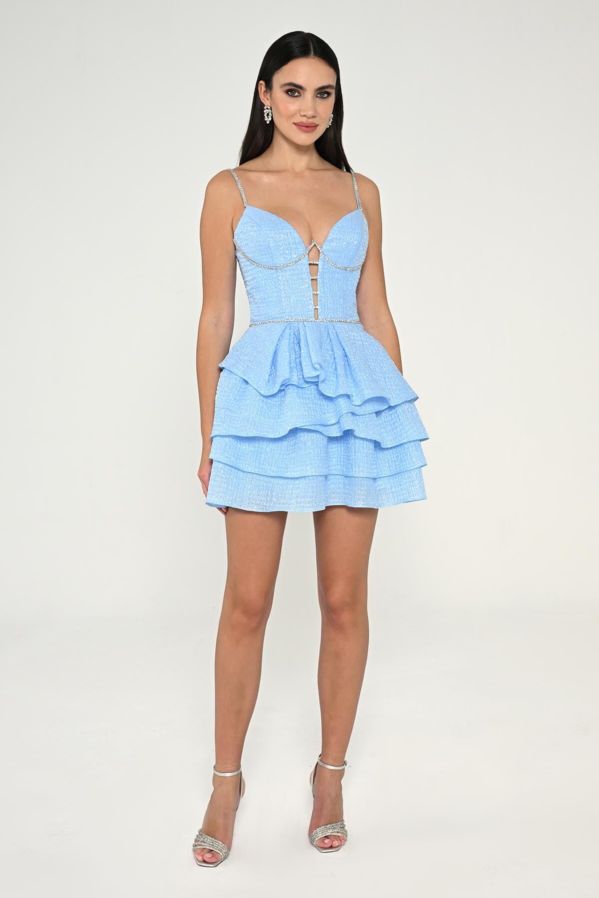 Askılı Şerit Taş Aksesuarlı Jakar Kısa Elbise MAVİ - 40