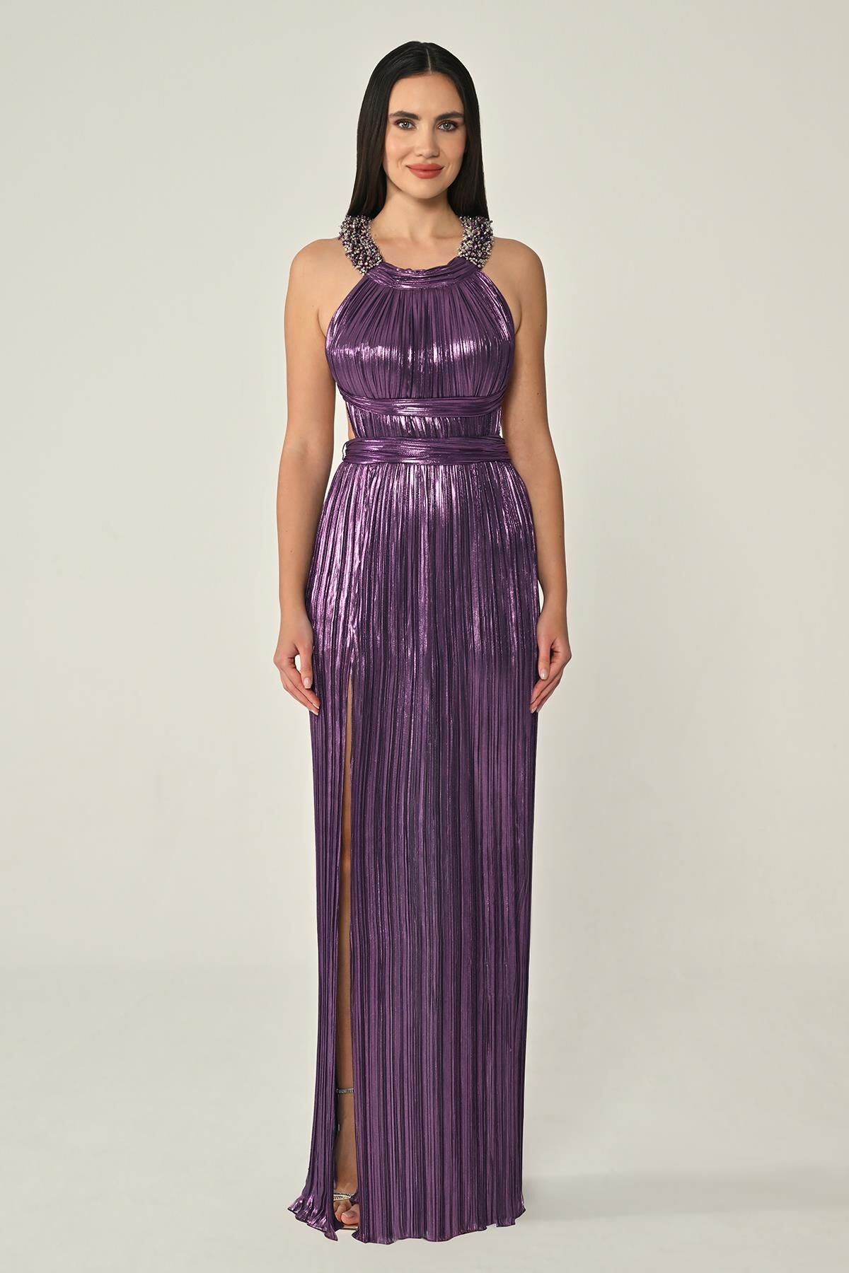 Sırt Dekolteli Parlak Şifon Uzun Elbise Mor - 36