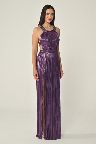 Sırt Dekolteli Parlak Şifon Uzun Elbise Mor - 36