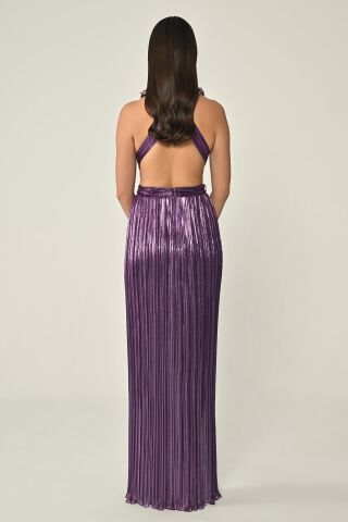 Sırt Dekolteli Parlak Şifon Uzun Elbise Mor - 36