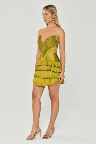 Straplez Saçak Boncuklu Piliseli Parlak Kumaş Kısa Elbise YAĞ YEŞİL - 36