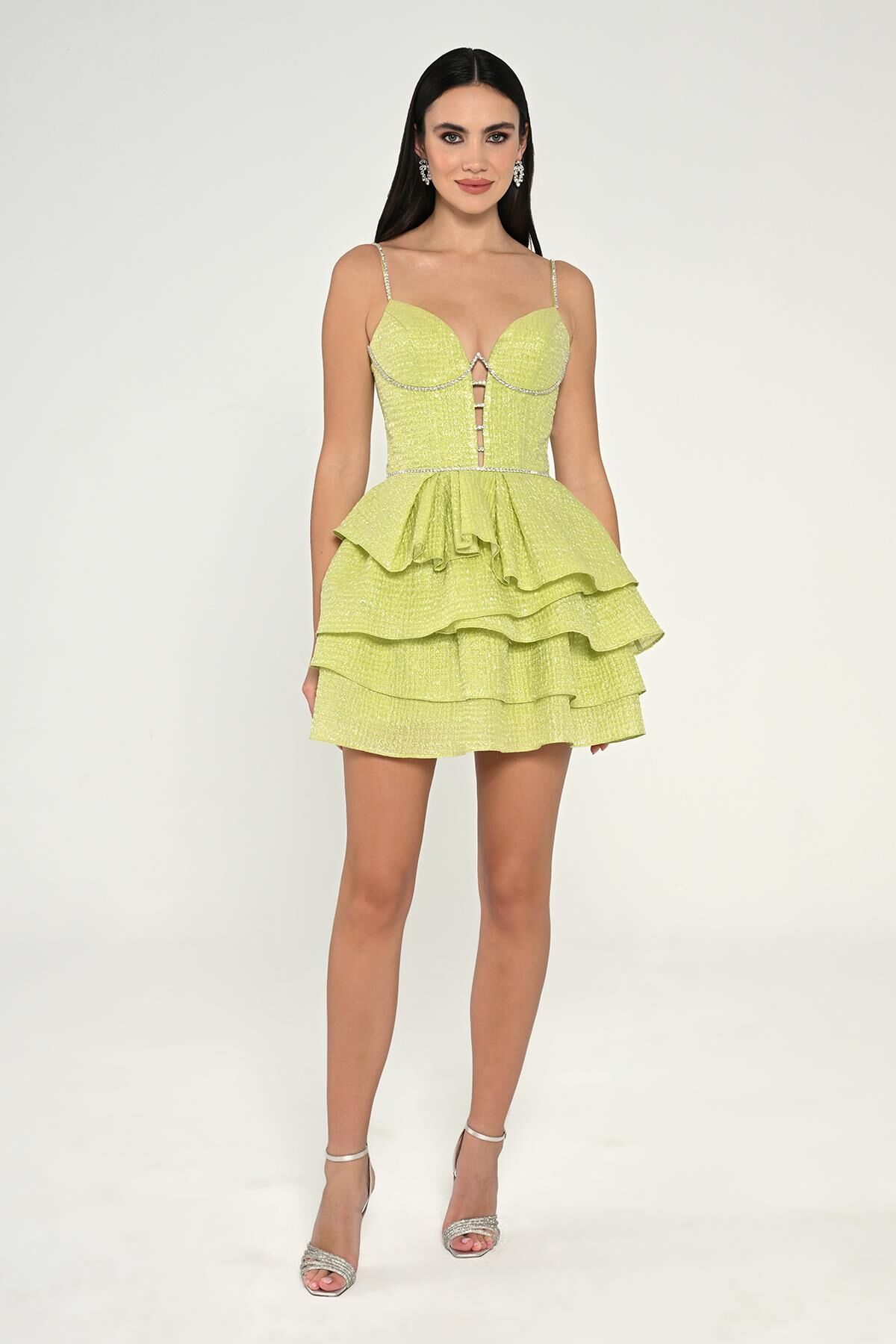 Askılı Şerit Taş Aksesuarlı Jakar Kısa Elbise ELMA YEŞİLİ - 36