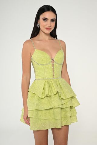 Askılı Şerit Taş Aksesuarlı Jakar Kısa Elbise ELMA YEŞİLİ - 36