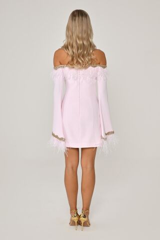 Düşük Kol Kenarları İşlemeli Tüylü Krep Kısa Elbise Pembe - 40