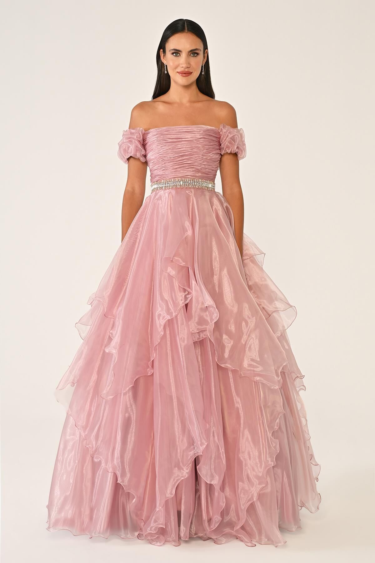 Düşük Omuz Katlı Prenses Etek Organze Uzun Elbise KOYU PUDRA - 40
