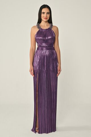 Sırt Dekolteli Parlak Şifon Uzun Elbise Mor - 38