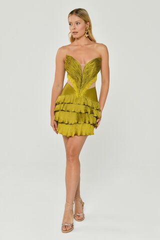 Straplez Saçak Boncuklu Piliseli Parlak Kumaş Kısa Elbise YAĞ YEŞİL - 40