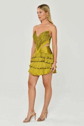 Straplez Saçak Boncuklu Piliseli Parlak Kumaş Kısa Elbise YAĞ YEŞİL - 40