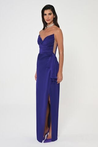 Straplez Üst Pliseli Yandan Yırtmaçlı Şifon Uzun Elbise KOYU MOR - 36