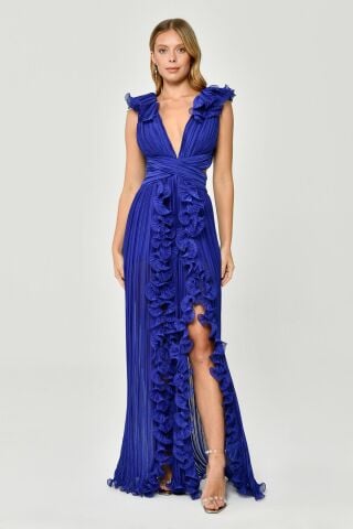 Langes Plissiertes Chiffonkleid mit gerüschten Schultern und Rock SAKS - 42