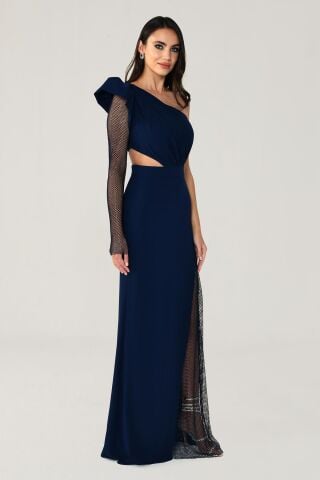 Tek Transparan Kol Yırtmaçlı Uzun Elbise Lacivert - 46