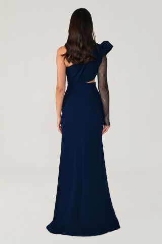 Tek Transparan Kol Yırtmaçlı Uzun Elbise Lacivert - 46