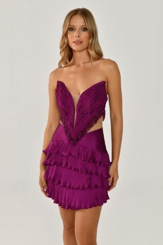 Straplez Saçak Boncuklu Piliseli Parlak Kumaş Kısa Elbise Eflatun - 36