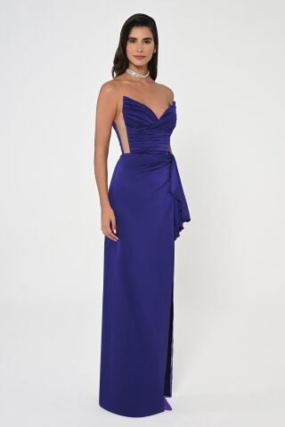 Straplez Üst Pliseli Yandan Yırtmaçlı Şifon Uzun Elbise KOYU MOR - 40