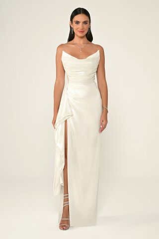 STRAPLESS SHINING FABRIC LONG DRESS WITH SIDE SPLIT
