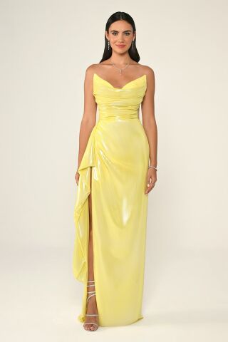 STRAPLESS SHINING FABRIC LONG DRESS WITH SIDE SPLIT