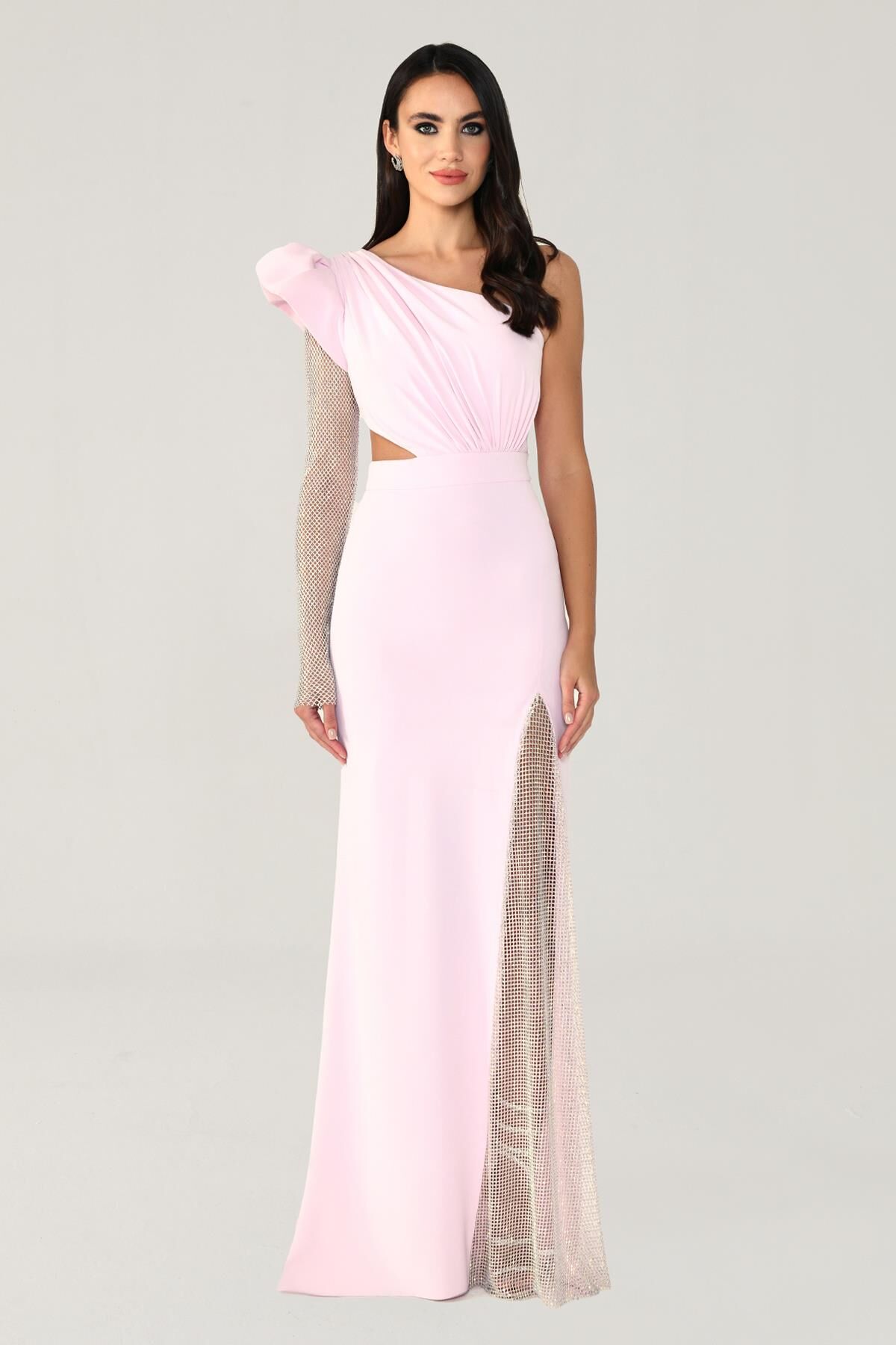 Langes Kleid mit Schlitz und transparenten Ärmeln, Rosa – 40