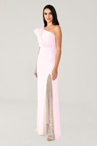 Langes Kleid mit Schlitz und transparenten Ärmeln, Rosa – 40